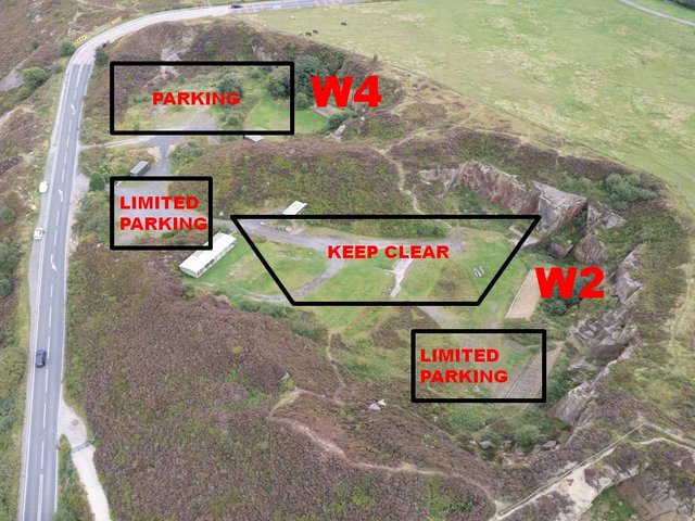 An overhead view of the Wilton quarries showing parking locations.